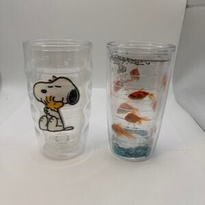 Two Tervis 10 oz Tumbler Insulated Cup Snoopy 2014 Goldfish NO LIDS Made in USA